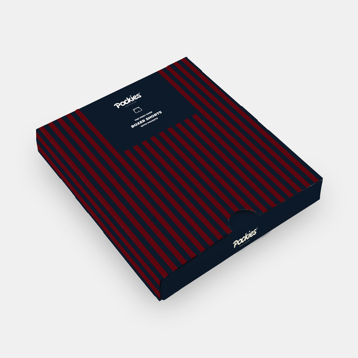 Striped boxer shorts in navy/red by Pockies in packaging